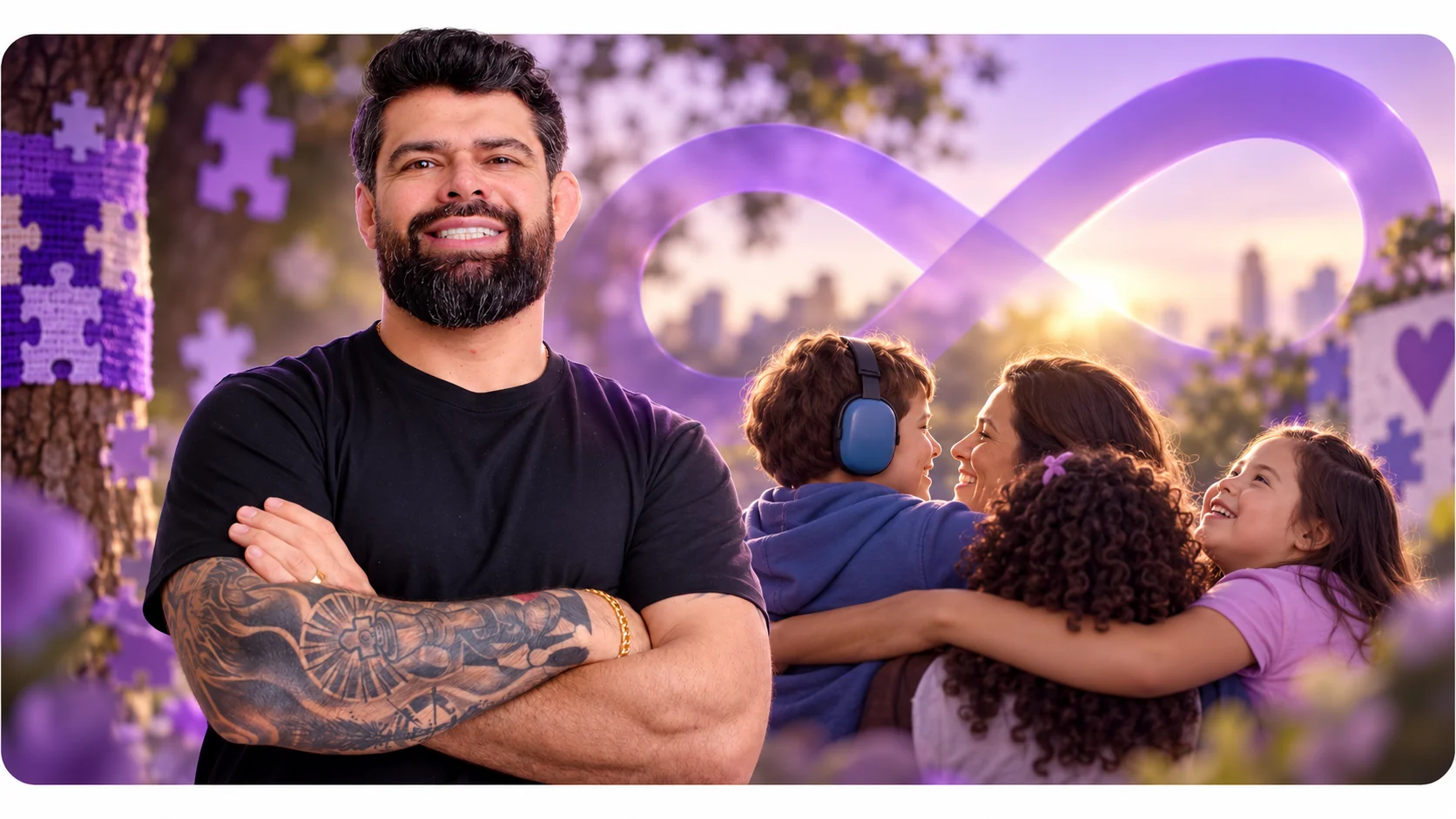 Fernando FH com famílias em uma cena de inclusão e conscientização sobre autismo