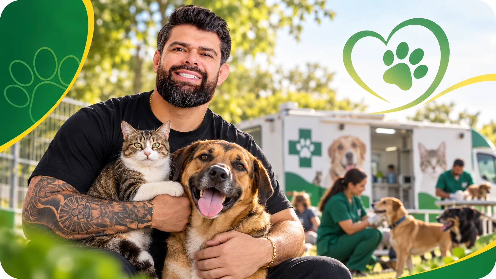 Fernando FH com cães e gato diante de uma unidade móvel de atendimento animal